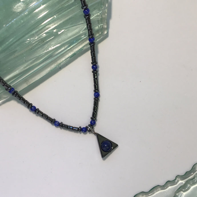 Hematite Necklace with Triangle Pendant - Blue