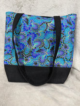 Load image into Gallery viewer, 112 Black Tote / Handbag with Blue and Gold feather Print.