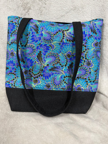 112 Black Tote / Handbag with Blue and Gold feather Print.