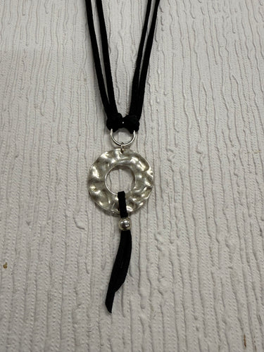SALE Silver Circle on Black Cord