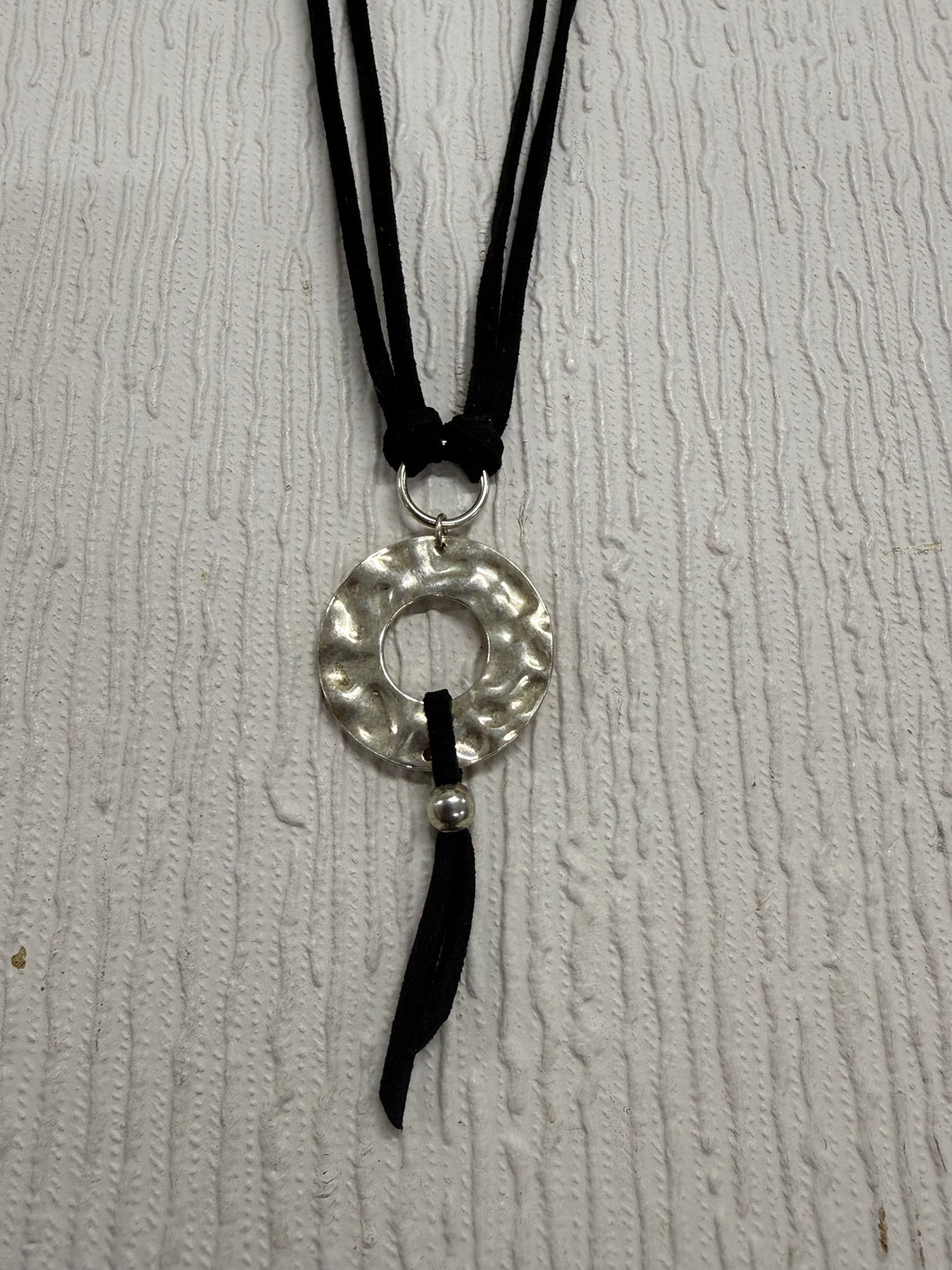 SALE Silver Circle on Black Cord