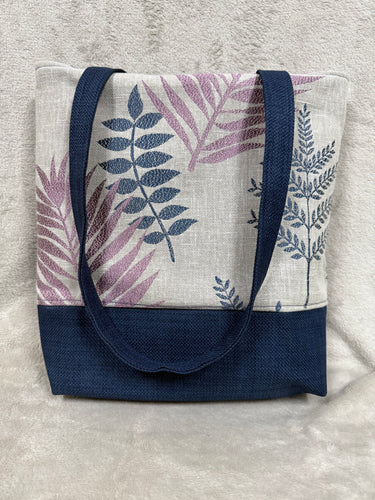 066 Navy with Lilac and Blue fern Tote / Handbag