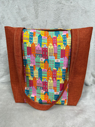 137 Orange Fabric with Houses (vertical panel)