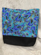 Load image into Gallery viewer, 112 Black Tote / Handbag with Blue and Gold feather Print.