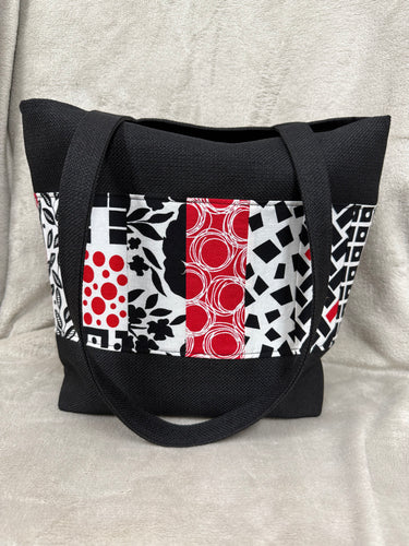058 Black Tote / Handbag with Black, White and Red Patchwork Panel