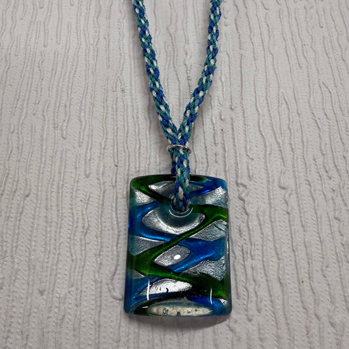 SALE Blue/Green/Silver Glass Square on Kumihimo Cord