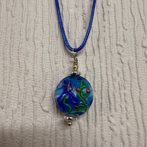 SALE Decorated Blue Glass on Blue Cord