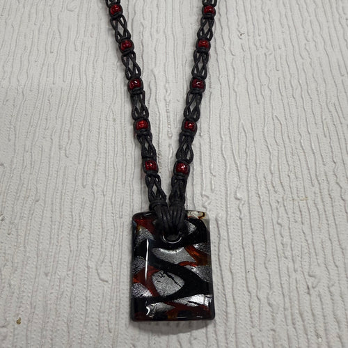 SALE Black/Red/Silver Glass Square on Braided Cord