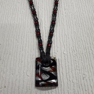 SALE Black/Red/Silver Glass Square on Braided Cord